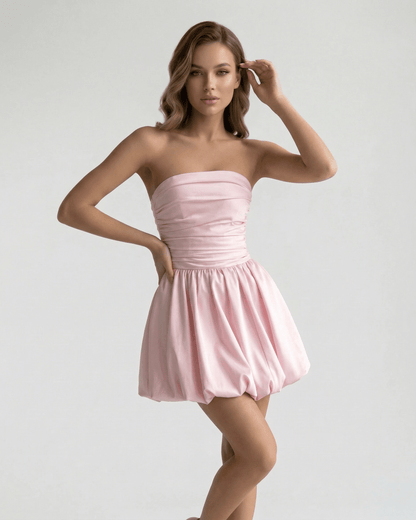 Corduroy Mini Dress by RAMBLION, pink strapless, soft fabric, playful design, perfect for summer events.