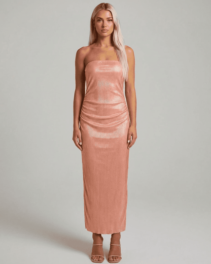 Linen Maxi Dress by RAMBLION, 100% cotton, strapless, stylish pink ankle-length dress for warm weather occasions.