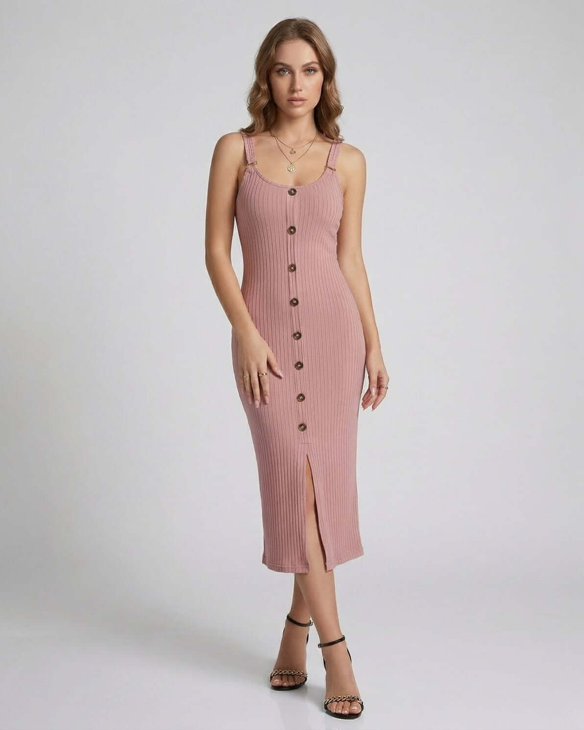 Embroidered Midi Dress by RAMBLION, blush hue, sleeveless, U-neckline, perfect for casual outings.