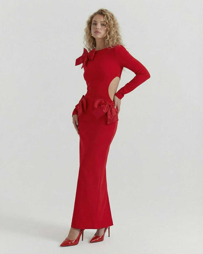 Stunning Elbe Maxi Dress by RAMBLION, red ankle-length, round neck, elegant fit, perfect for upscale occasions.