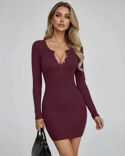 Cami Mini Dress in maroon with long sleeves, button details, perfect for stylish occasions, by RAMBLION.