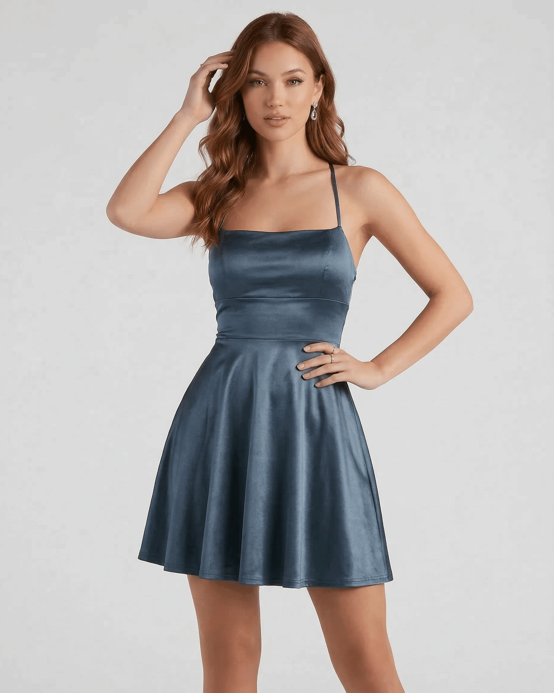 Roa Mini Dress in deep blue satin, featuring square neck and flared skirt, perfect for evening parties, by RAMBLION.