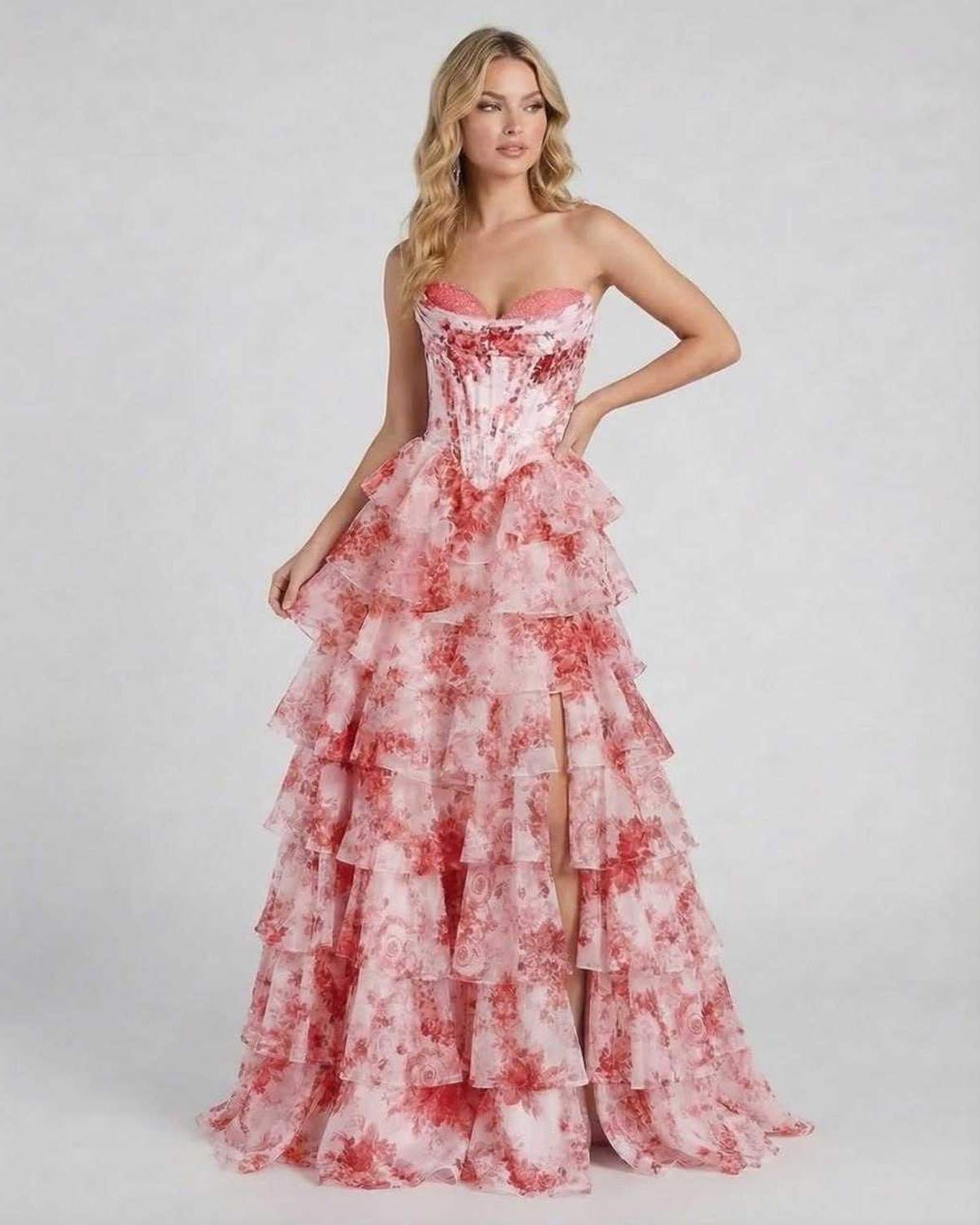 Roma Maxi Dress by RAMBLION in pink floral pattern, strapless, elegant with tiered layers, perfect for special occasions.