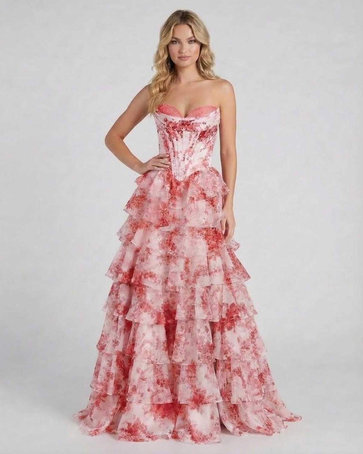 Roma Maxi Dress, red satin, strapless, elegant, tiered layers, perfect for formal occasions, Ramblion brand.