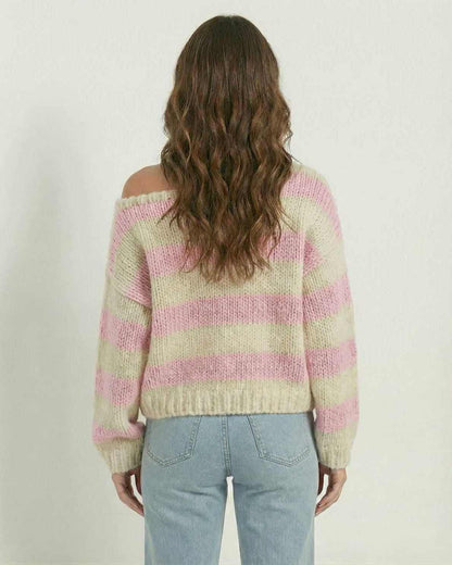 Dama Pullover back view featuring pink and ivory stripes, cozy texture, and casual style from RAMBLION.