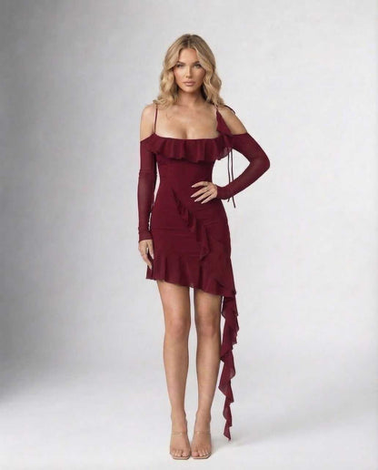 Safi Mini Dress by RAMBLION, burgundy with ruffle, elegant fit for evening outings, chic style, comfort, allure.