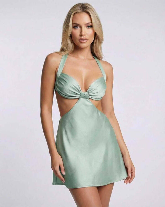 Sage Mini Dress from RAMBLION featuring elegant satin, halter neck, and cut-out detail in soft sage green.