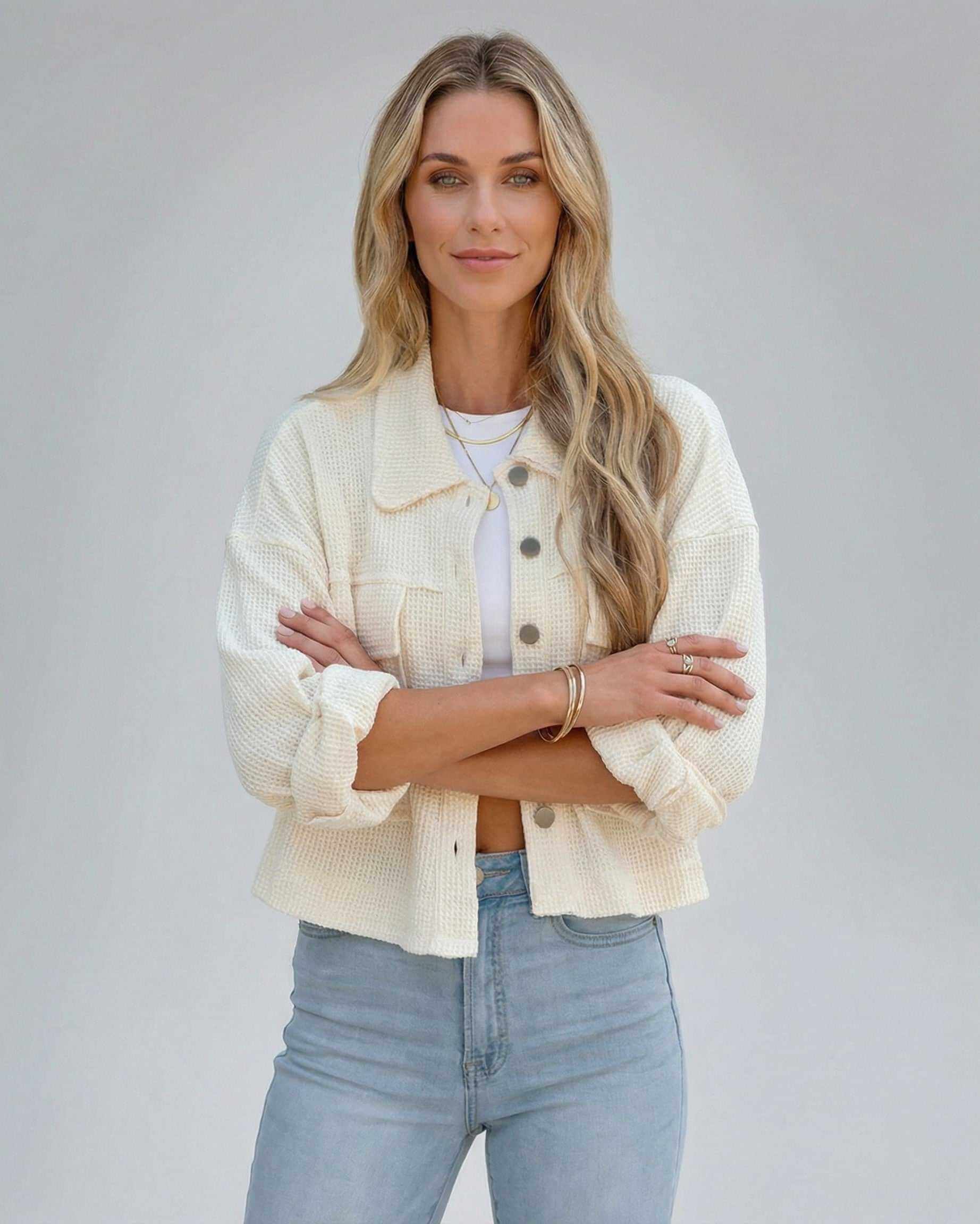 Zima Jacket by RAMBLION in beige, cozy cotton blend, perfect for layering, stylish and modern look.