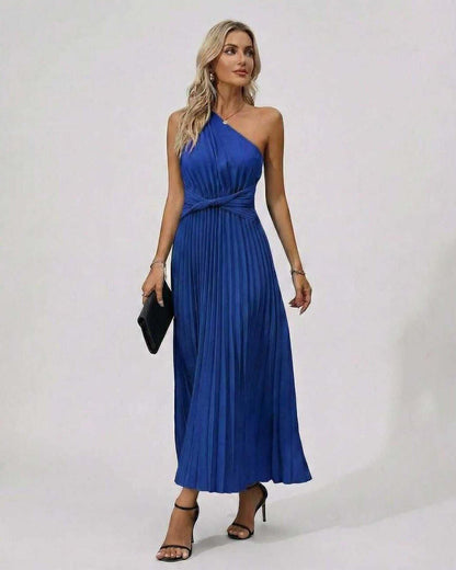 Sapphire Midi Dress in blue, featuring one-shoulder twist front and pleated hem for a chic evening look by RAMBLION.