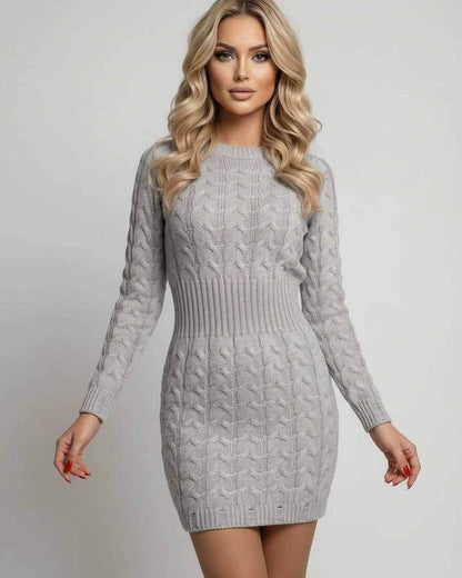 Scuba Mini Dress by RAMBLION, grey cable knit, round neck, chic sheath silhouette, perfect for autumn and spring.