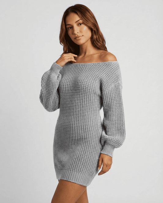 Selene Mini Dress in grey ribbed knit with off-the-shoulder neckline and lantern sleeves by RAMBLION.