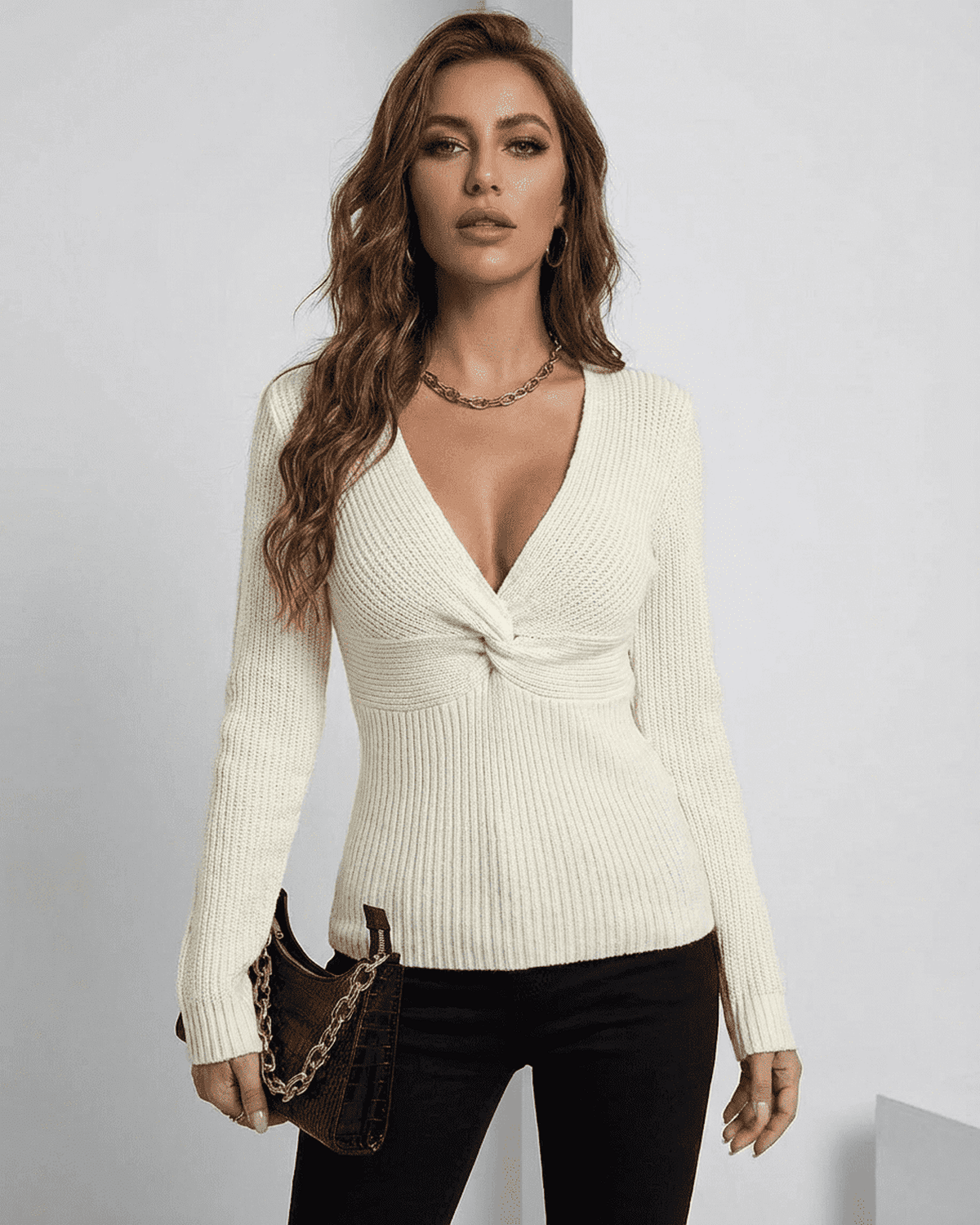Sequin Pullover by RAMBLION, soft white, V neck, stretchy ribbed texture, perfect for elegant occasions.
