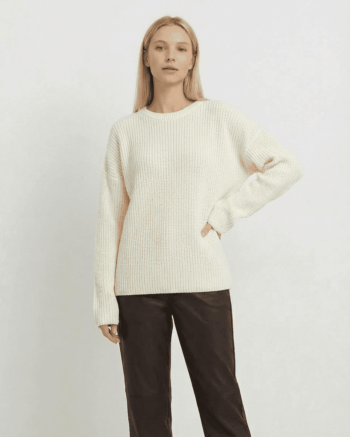 Seren Sweater in ivory, loose fit thick ribbed knitwear with round neck for women by RAMBLION.