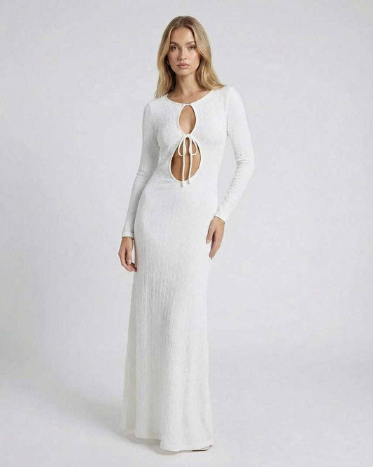 Serene Maxi Dress in textured white cotton-polyester blend with elegant hollow-out details by RAMBLION.