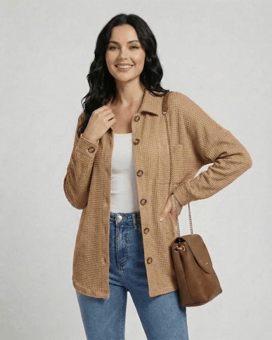 Sienna Jacket – Women’s beige waffle knit jacket with longline fit for effortless style.