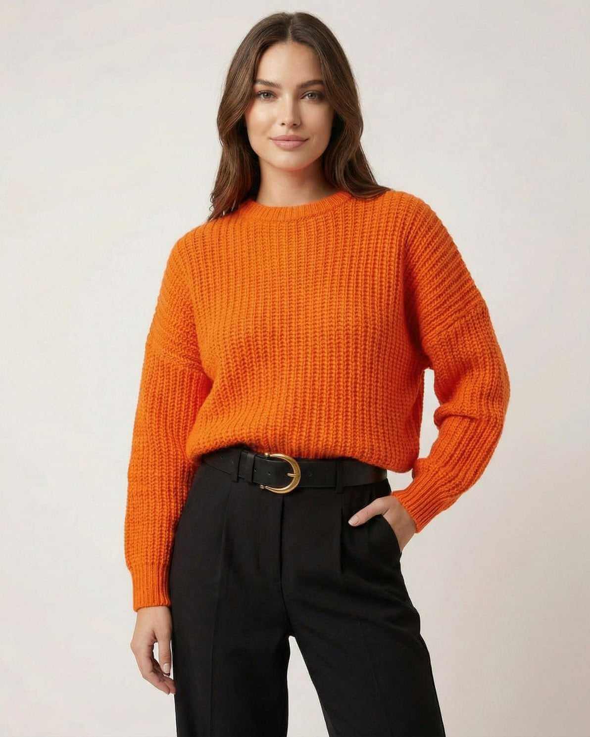 Sienna Sweater in bright orange knit texture, relaxed silhouette, suitable for everyday wear by RAMBLION.