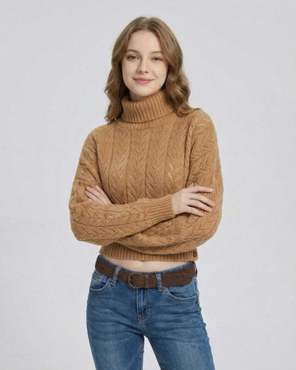 Sienna Sweater - Slim Fit Turtleneck Knit Sweater by RAMBLION in a warm brown color, showcased by a model.
