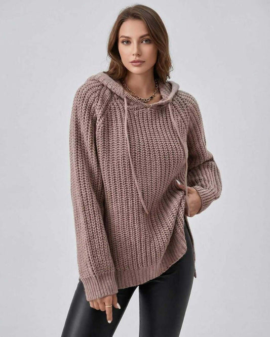 Sienna Sweater – Women’s hooded knit sweater in chunky knit with oversized fit, perfect for fall and winter styling.
