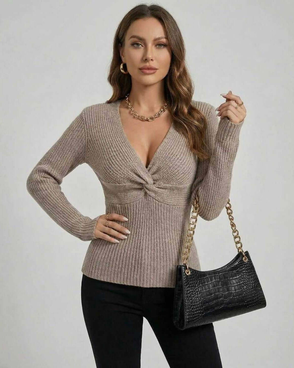 Sienna Sweater – RAMBLION Women's V Neck Sweater with Twisted Front, Long Sleeve Knit in beige.