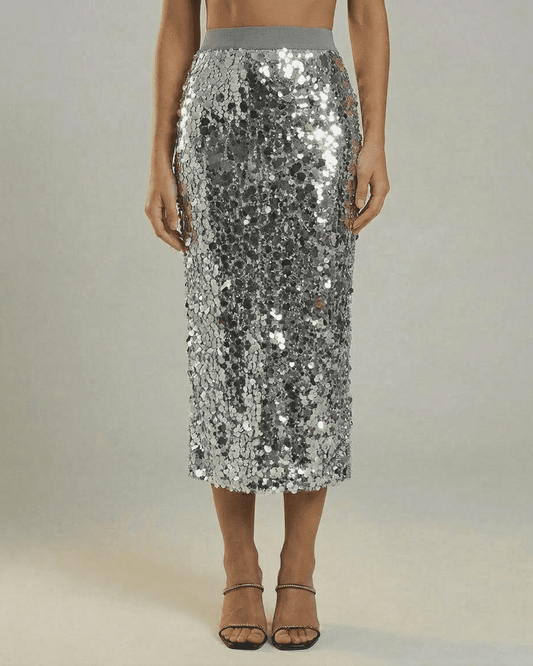 Silvara Midi Skirt by RAMBLION – Sequin high waist bodycon midi skirt in grey with subtle shimmer.
