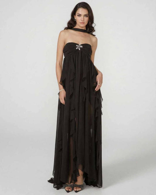Stellara Maxi Dress - Elegant strapless black gown with tassel detail and ruffled layers by RAMBLION.