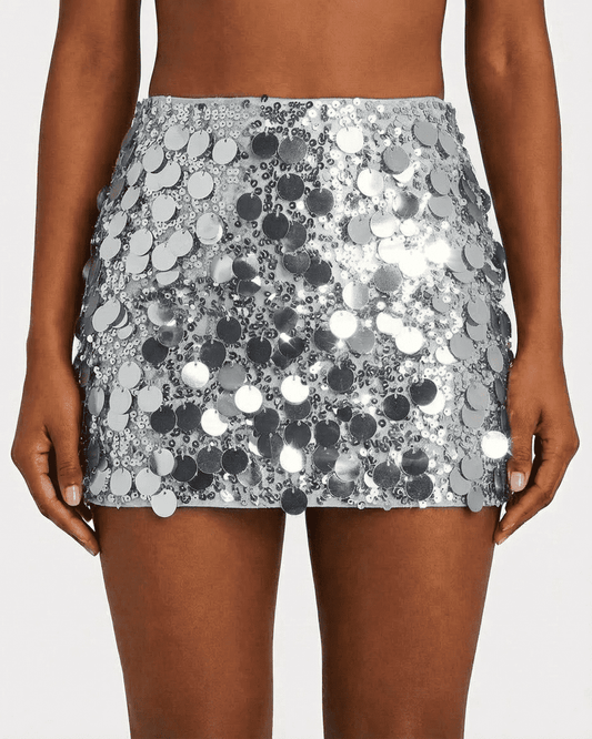 Sterling Mini Skirt showcasing silver sequin details, perfect for parties and night-out styling by RAMBLION.
