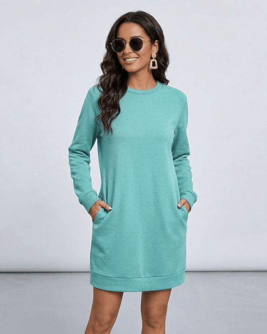 Amalfi Mini Dress in teal color, featuring soft fabric, relaxed fit, perfect for casual outings, by RAMBLION.