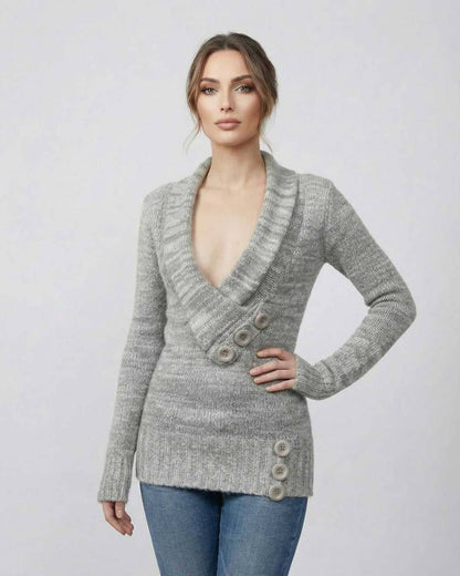 Tima Sweater by RAMBLION, grey V-neck design, soft texture, chic for everyday wear, perfect for seasonal occasions.