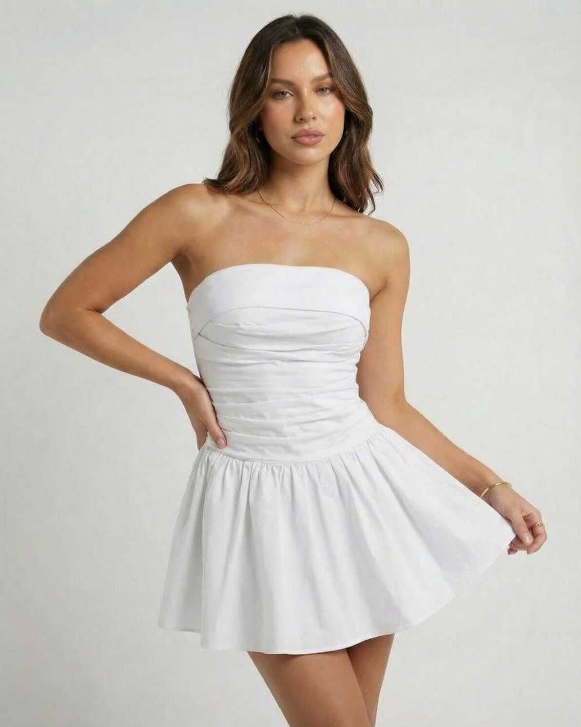 Tulle Mini Dress by RAMBLION, white strapless, A-line silhouette, perfect for summer occasions, breathable polyester tulle.