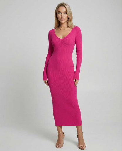 Udri Midi Dress in bright pink, ribbed knit fabric, V neck design, perfect for various occasions, by RAMBLION.