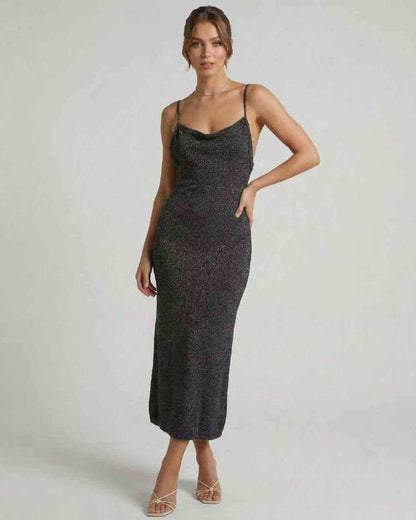 Ulia Midi Dress by RAMBLION, black cotton midi-length dress with shimmer, perfect for elegant occasions.