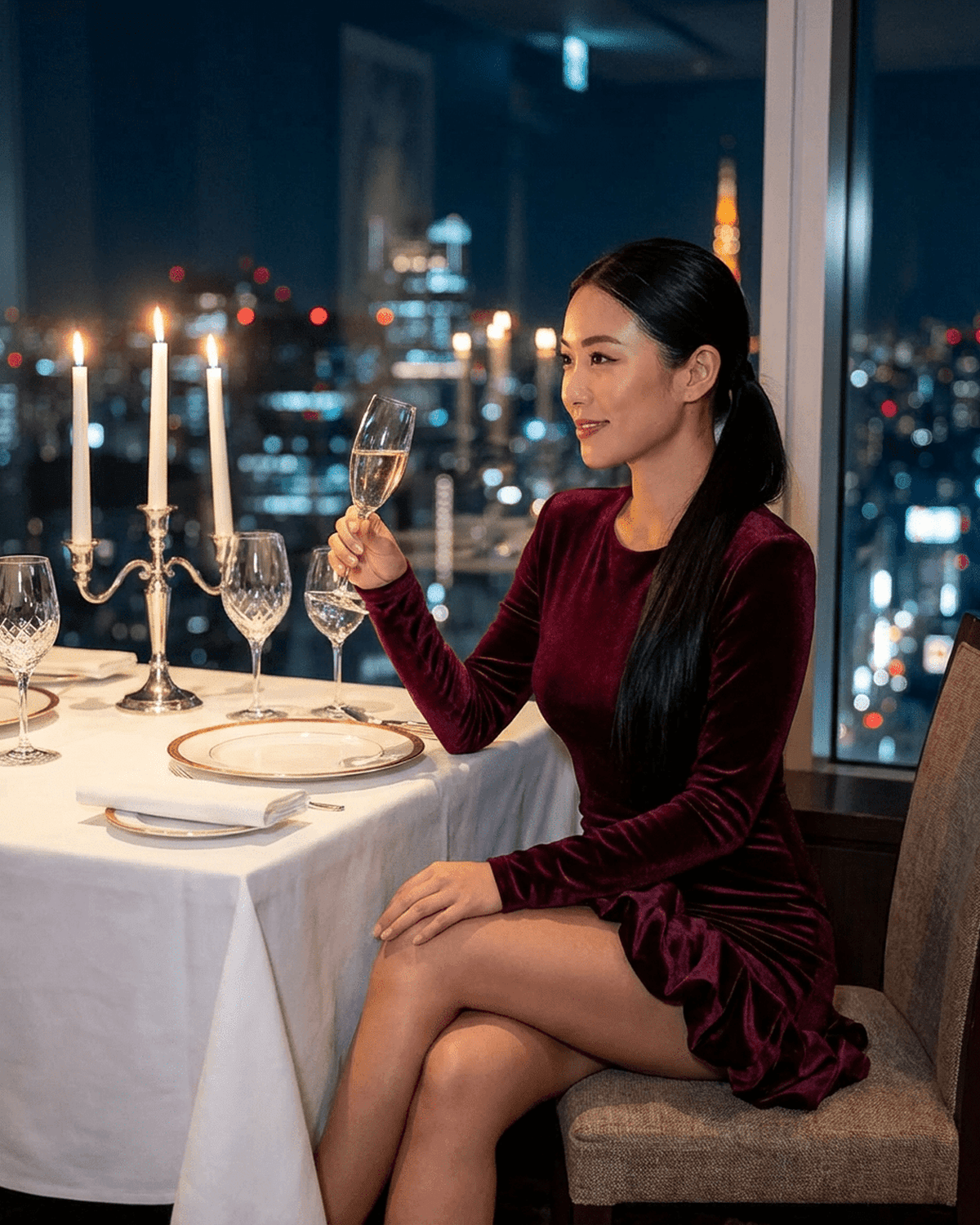Woman in deep burgundy Velora Mini Dress sitting at a candlelit dinner table with city skyline view.