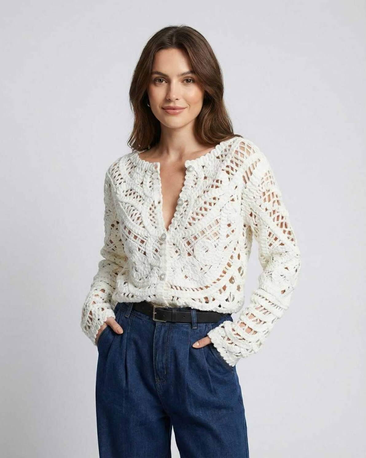 Velour Cardigan by RAMBLION features unique crochet knit design, lightweight feel, chic style for casual or sophisticated occasions.