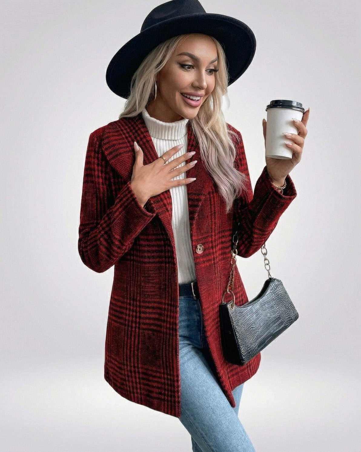 Verona Jacket – Stylish women's red plaid jacket by RAMBLION, perfect for modern layering and everyday wear.