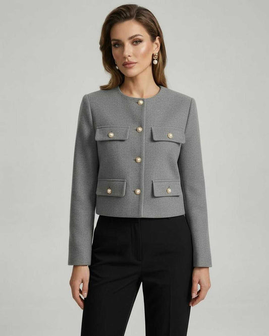 Vesper Jacket by Lauven - Sophisticated grey wool blend jacket with gold button accents for a stylish look.