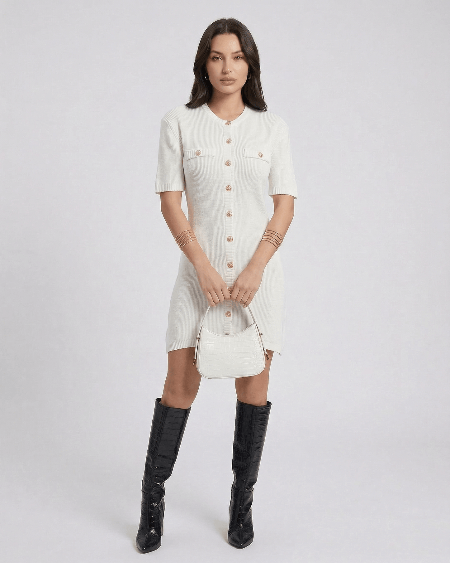 Elysia Mini Dress by RAMBLION, white, button-up, chic, above-knee style, perfect for casual outings.
