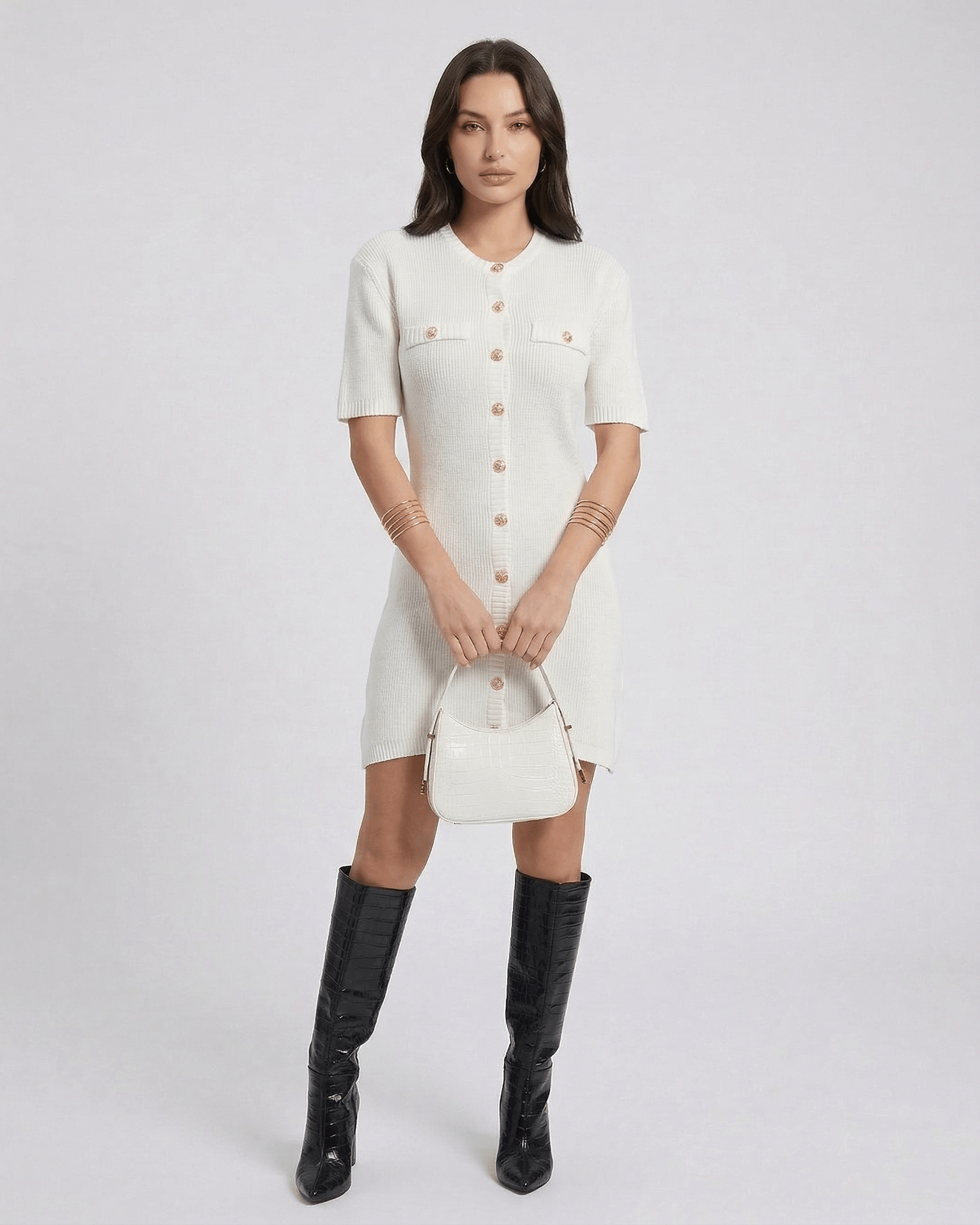 Elysia Mini Dress by RAMBLION, white, button-up, chic, above-knee style, perfect for casual outings.