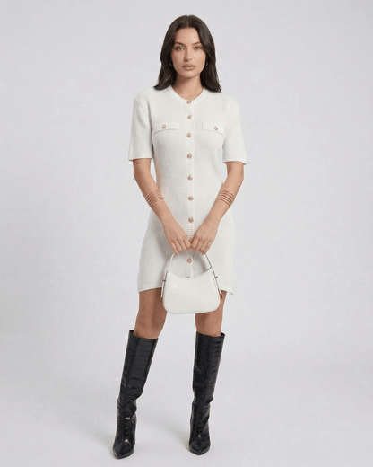 Elysia Mini Dress by RAMBLION, white, button-up, chic, above-knee style, perfect for casual outings.
