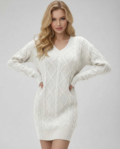 Voile Mini Dress by RAMBLION, featuring a V-neck, cable-knit texture, and contemporary mini length for a chic look.