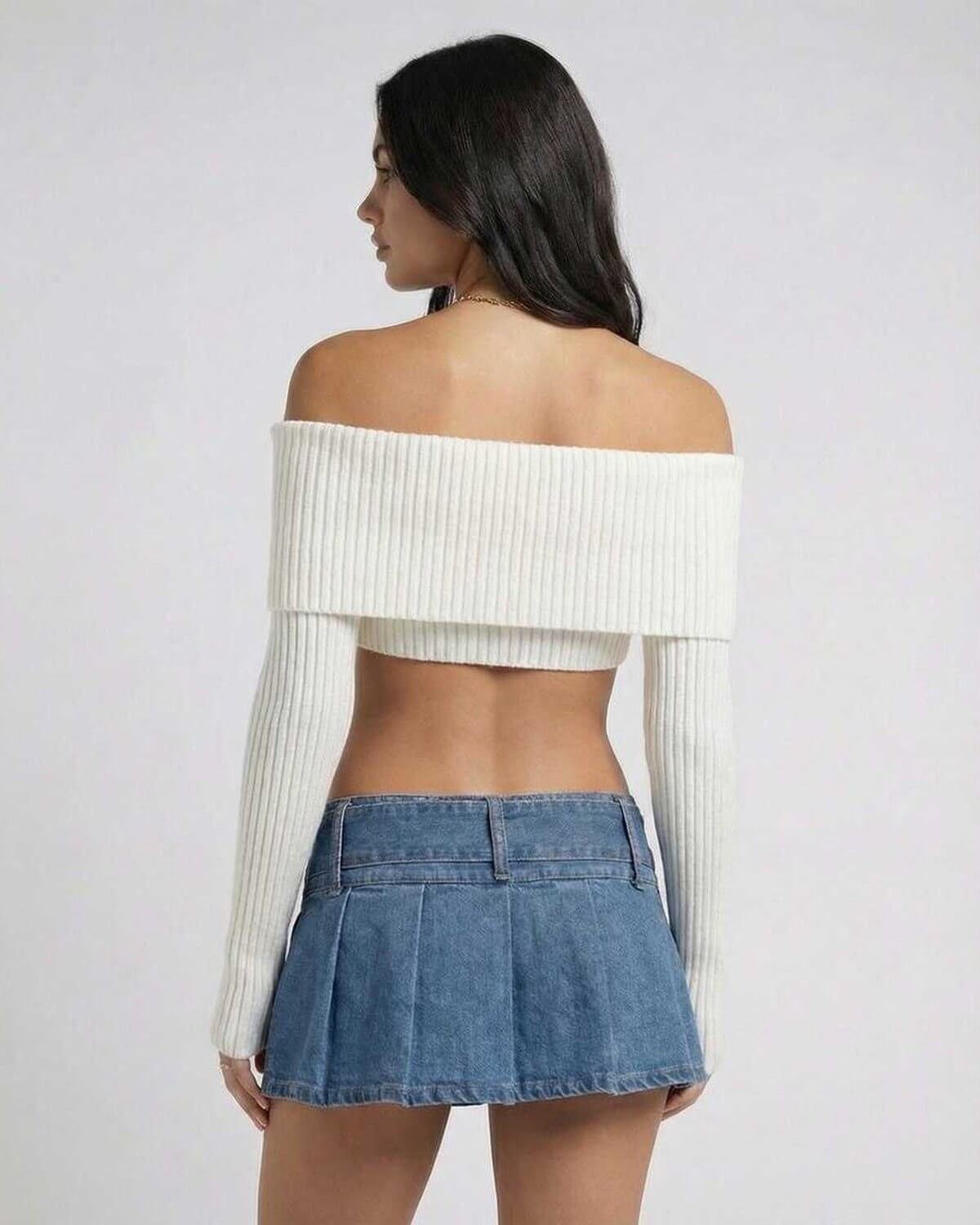 Jade Top by RAMBLION, off shoulder, long sleeve, white crop top, chic style, perfect for casual occasions.