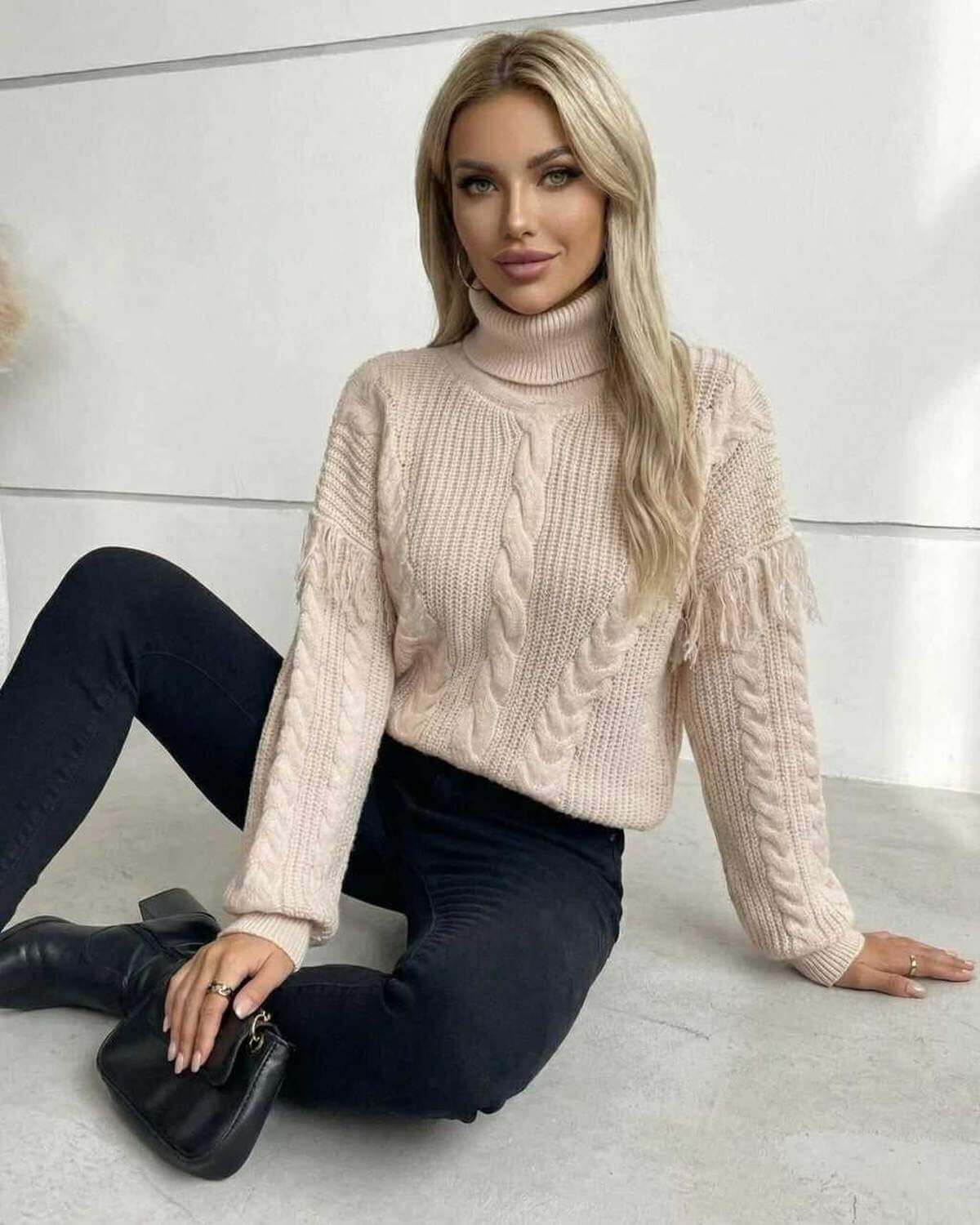 Vienna Sweater - Women's Beige Turtleneck Sweater with Cable Knit and Fringe Details by RAMBLION