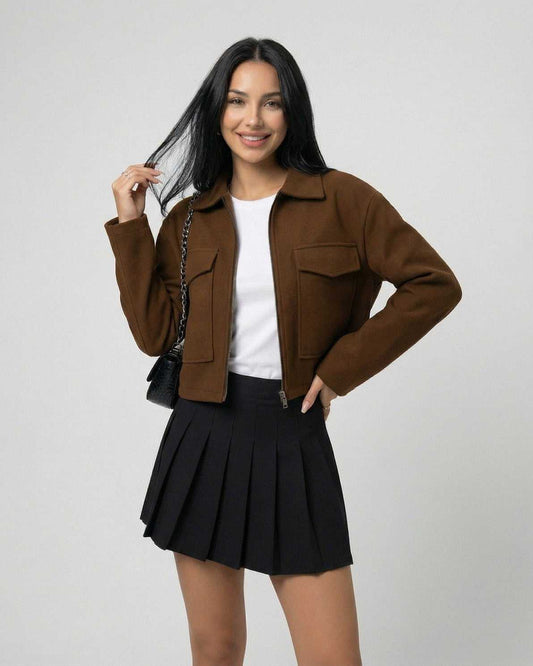 Sahara Jacket by RAMBLION, women's brown jacket with polo collar, styled for casual and elevated looks.