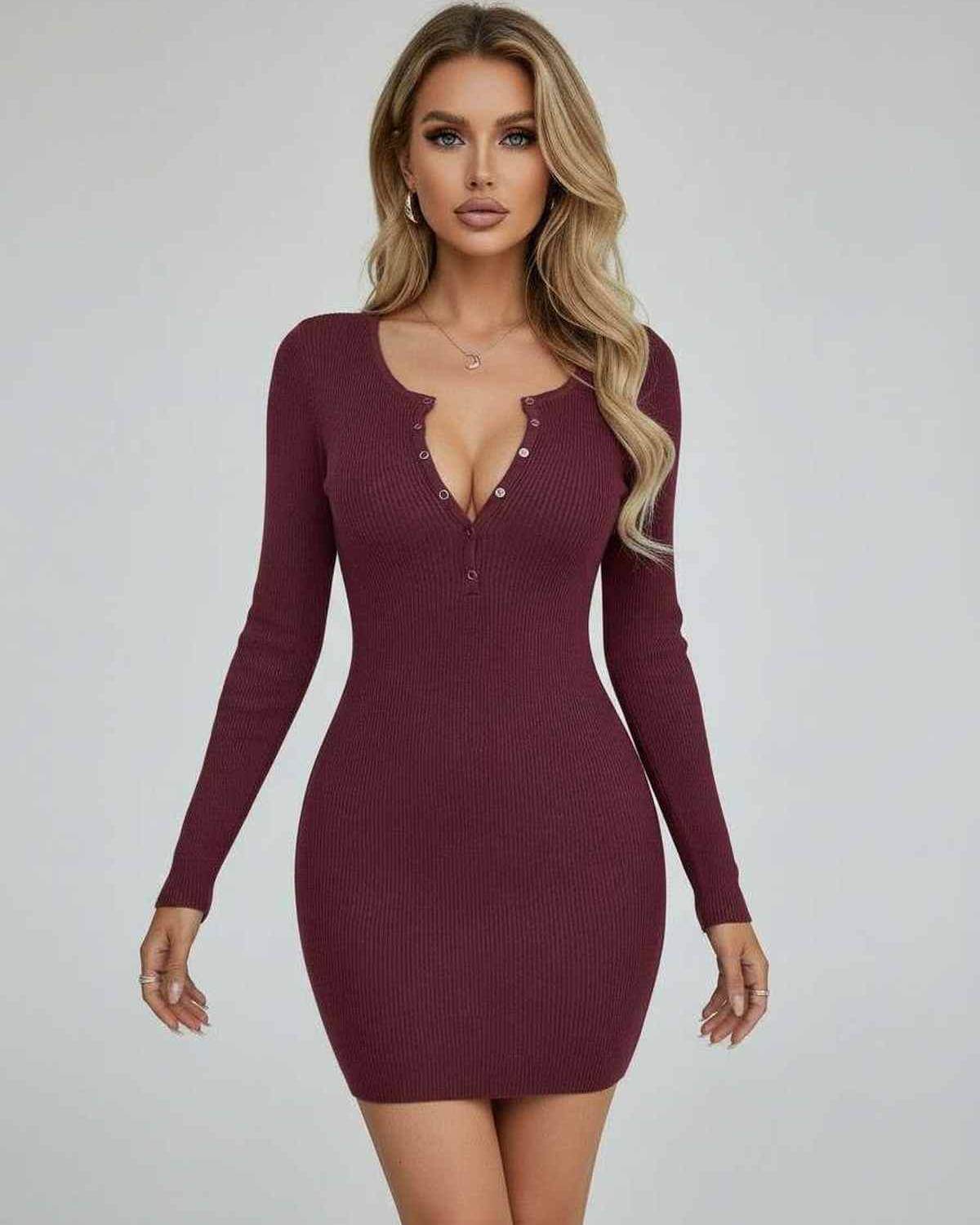 Cami Mini Dress by RAMBLION, deep burgundy color, ribbed texture, perfect for casual outings and parties.