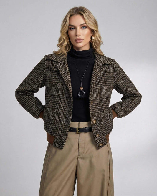 Cambridge Jacket by RAMBLION – Women's plaid jacket with lapel collar and long sleeves, styled elegantly.