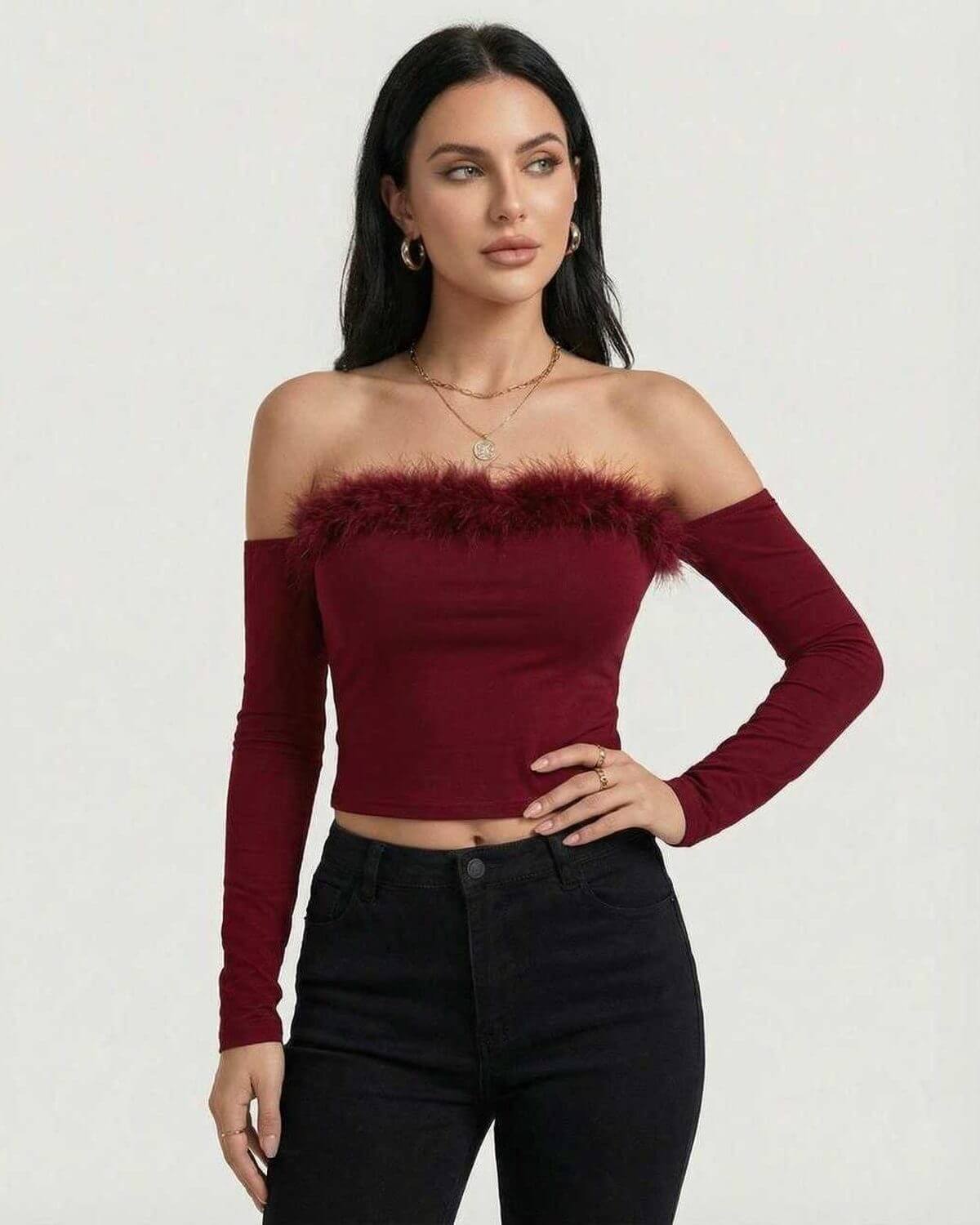 Geri Top by RAMBLION, off the shoulder, long sleeve, cropped burgundy top, stylish for evening wear.