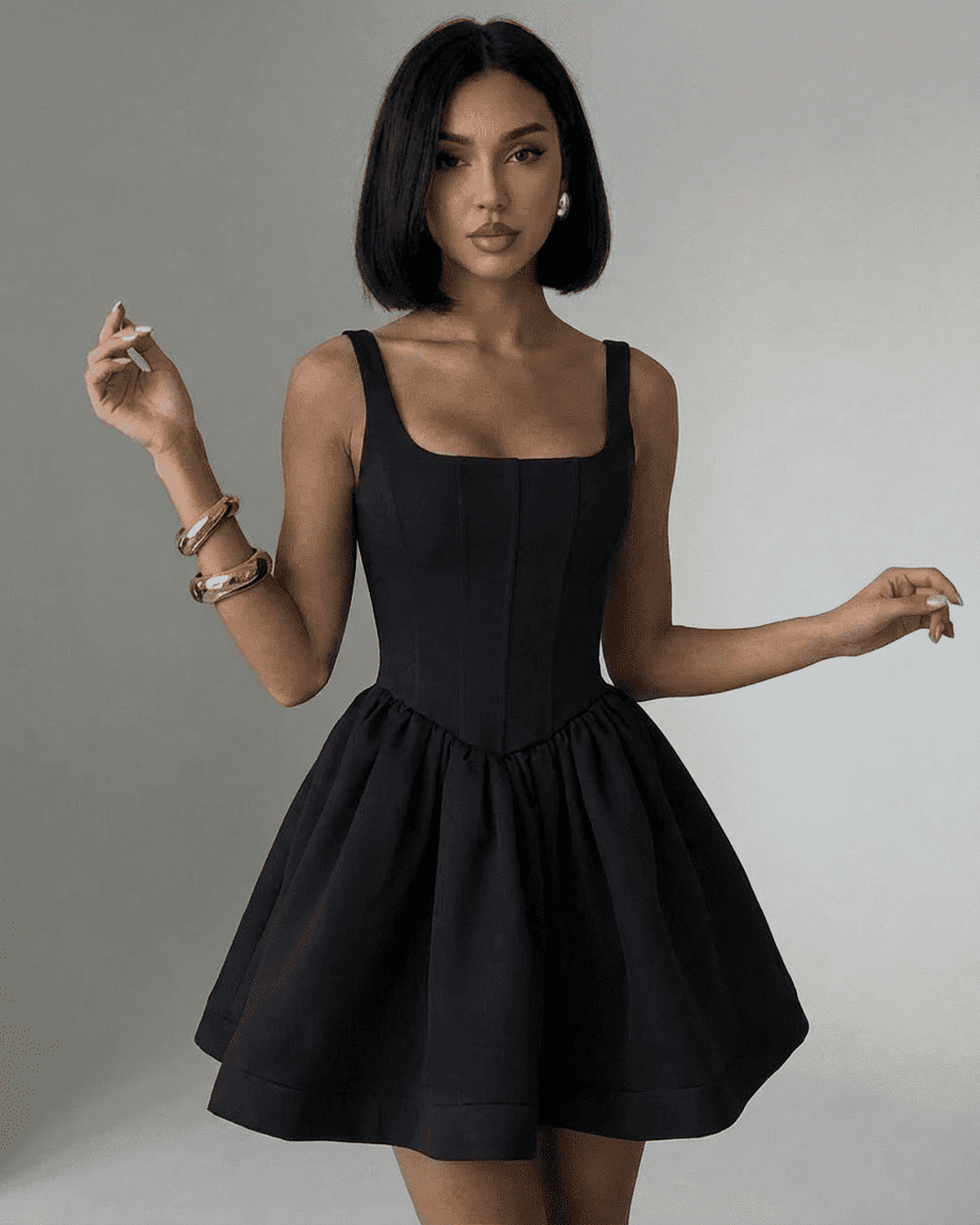 Xana Mini Dress, black satin, square neck, modern elegance for special occasions, by RAMBLION.