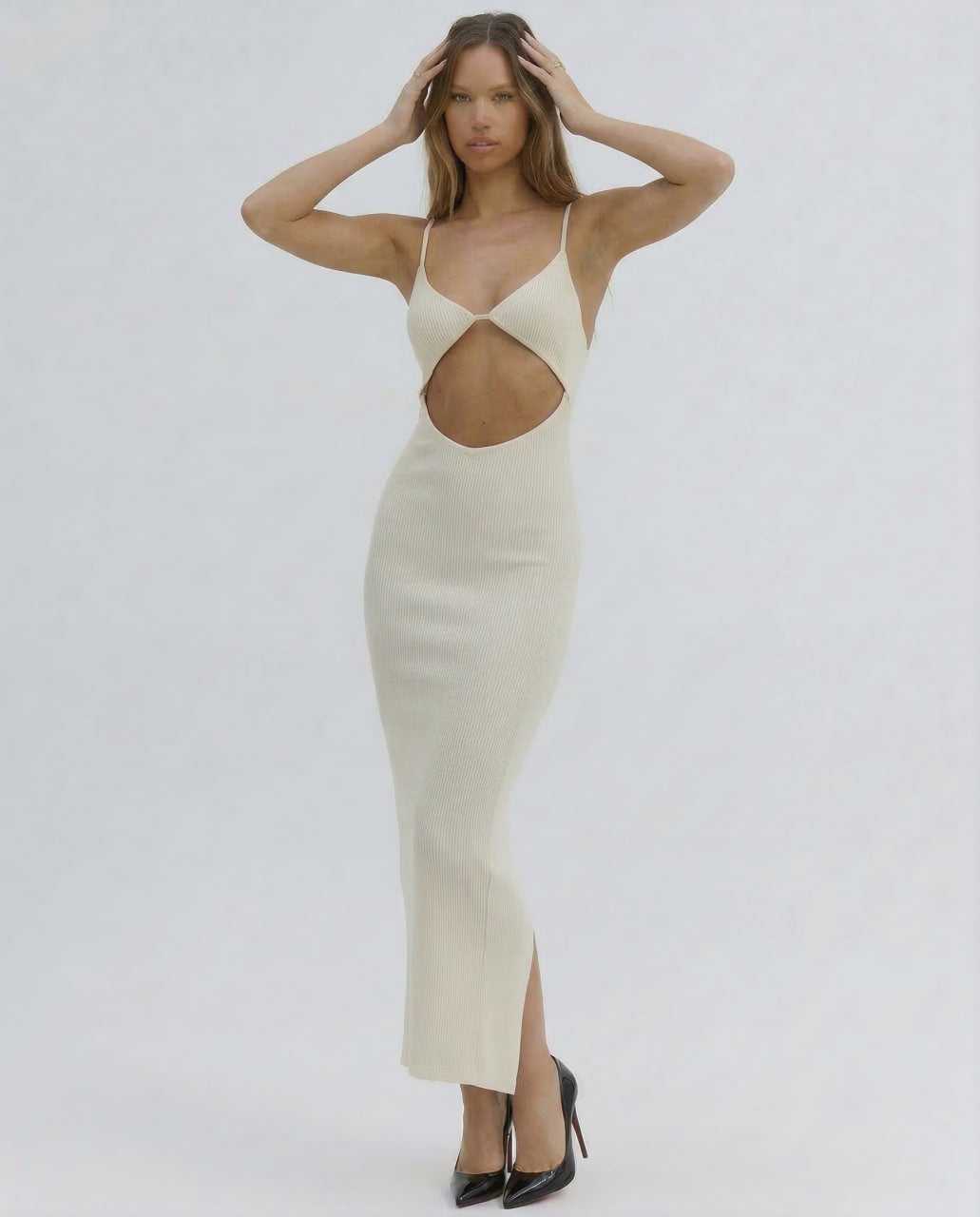 Xeva Midi Dress - elegant white dress with cutout detail, perfect for summer events, by RAMBLION.