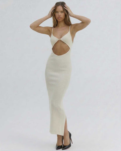 Xeva Midi Dress - elegant white dress with cutout detail, perfect for summer events, by RAMBLION.
