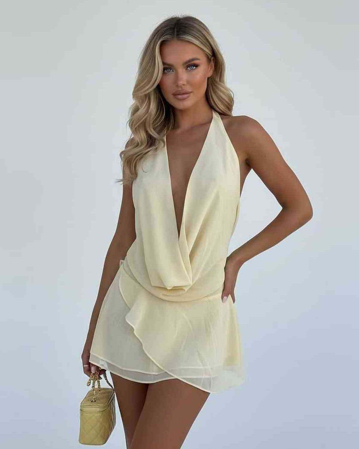 Yellow Chiffon Bodycon V-Neck Sleeveless Mini Dress | Formal Occasions, Night Out & Daily Wear, front view | Ramblion | SKU: LMD-384209876-yellow-L-9080,LMD-384209876-yellow-M-8716,LMD-384209876-yellow-S-3927,LMD-384209876-yellow-XL-2290,LMD-384209876-yellow-XS-7447