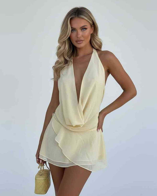 Jacquard Mini Dress in soft yellow, lightweight chiffon with V-neck design, perfect for elegant occasions, by RAMBLION.